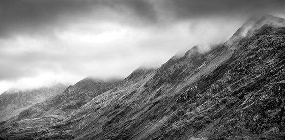 B&W Low Clouds at the Peaks - Dinorwic Quarry - A stormy day in Snowdonia National Park with the grey sky above imitating the slate colour below