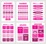 Set of six illustrated prints including Alphabet & Numbers - Pinks & Purple