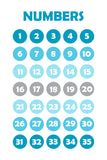 Set of six illustrated prints including Alphabet & Numbers - Turquoise Blue & Grey