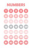 Set of six illustrated prints including Alphabet & Numbers - Pink & Grey