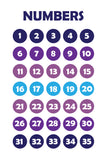 Set of six illustrated prints including Alphabet & Numbers - Purples & Blue